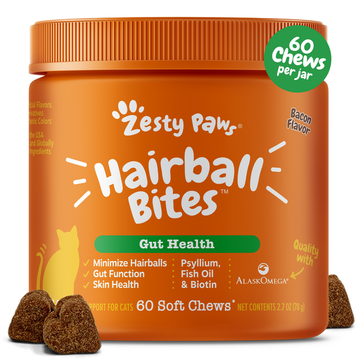 Orange jar of Zesty Paw Hairball Bites with bacon flavor, containing 60 soft chews, displayed with three brown chew pieces in