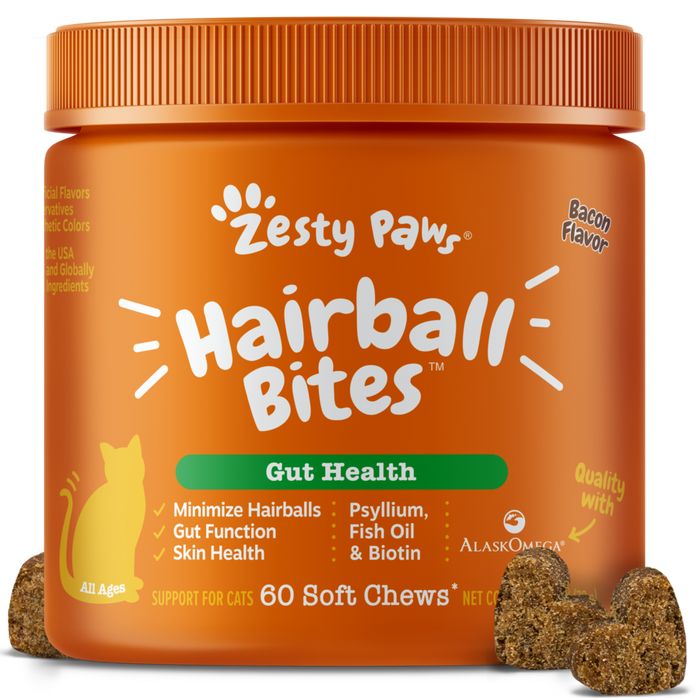 Orange jar of Zesty Paw Hairball Bites soft chews for cats with bacon flavor and 60 count.