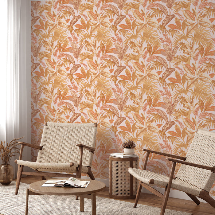 #color_terracotta-sun
Image of Havana Palm wallpaper in terracota installed on a wall behind two wicker chairs