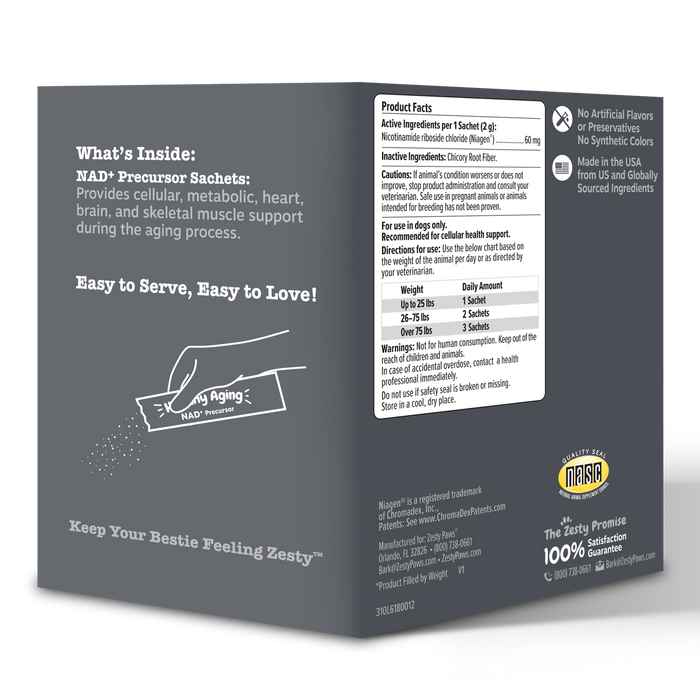 Gray product box showing NAD+ precursor sachets with product facts, ingredients, dosing instructions, and serving illustratio
