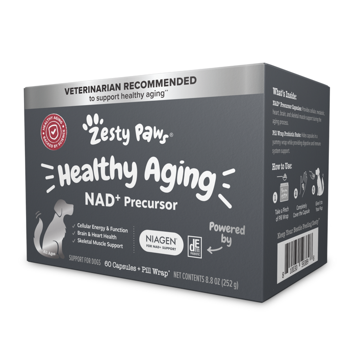 Zesty Paw Healthy Aging NAD+ Precursor supplement box for dogs containing 60 capsules and pill wrap applicator.