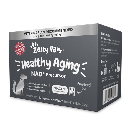 Zesty Paw Healthy Aging NAD+ Precursor supplement box for dogs containing 60 capsules and pill wrap applicator.