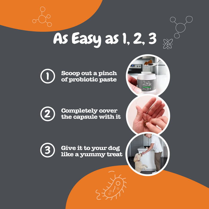 Instructional graphic showing three steps: scooping probiotic paste from jar, coating a capsule, and giving treat to dog.