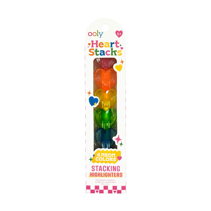 Packaging of OOLY Heart Stacks Stacking Highlighters with colorful hearts on a white background