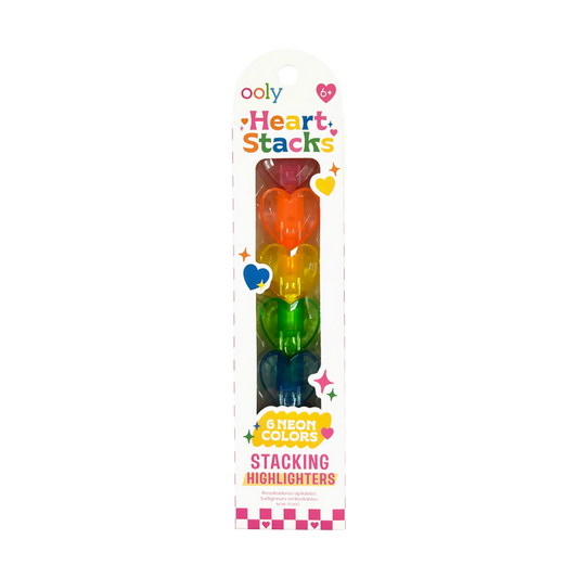 Packaging of OOLY Heart Stacks Stacking Highlighters with colorful hearts on a white background