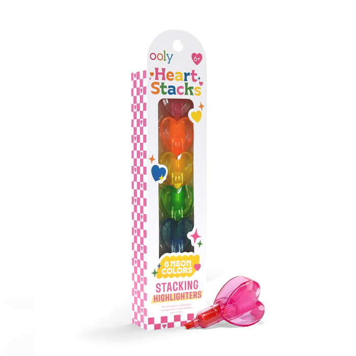 Quarter angle of packaging of OOLY Heart Stacks Stacking Highlighters on a white background