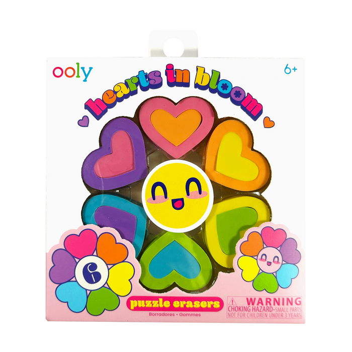 Packaging of OOLY Hearts in Bloom Puzzle Erasers with colorful heart designs on white background