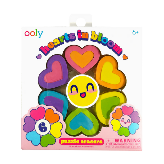 Packaging of OOLY Hearts in Bloom Puzzle Erasers with colorful heart designs on white background