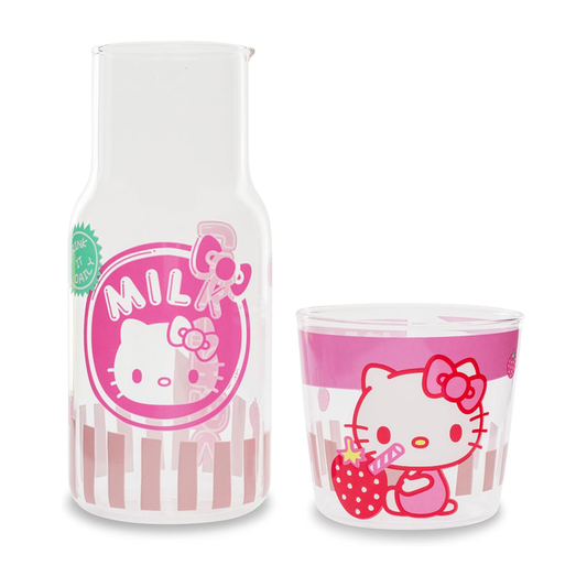 Hello Kitty Glass Carafe and Cup Set (Strawberry Milk) Home Goods Silver Buffalo