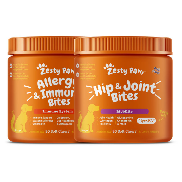 Two orange Zesty Paw supplement containers: Allergy & Immune Bites and Hip & Joint Bites soft chews for dogs.