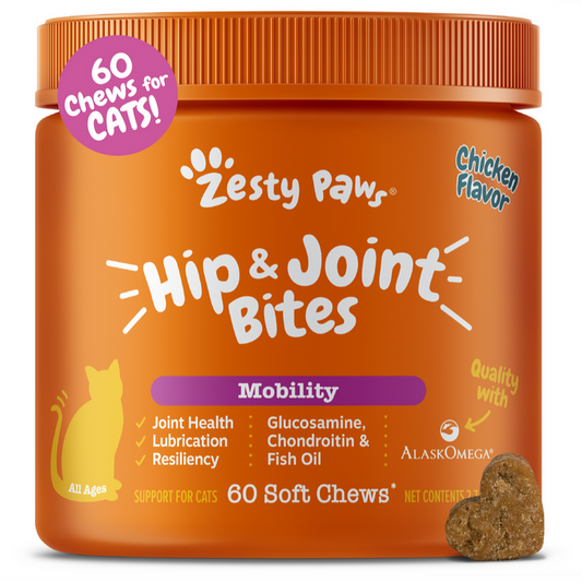 Orange jar of Zesty Paw Hip & Joint Bites for cats with purple label, containing 60 chicken-flavored soft chews.