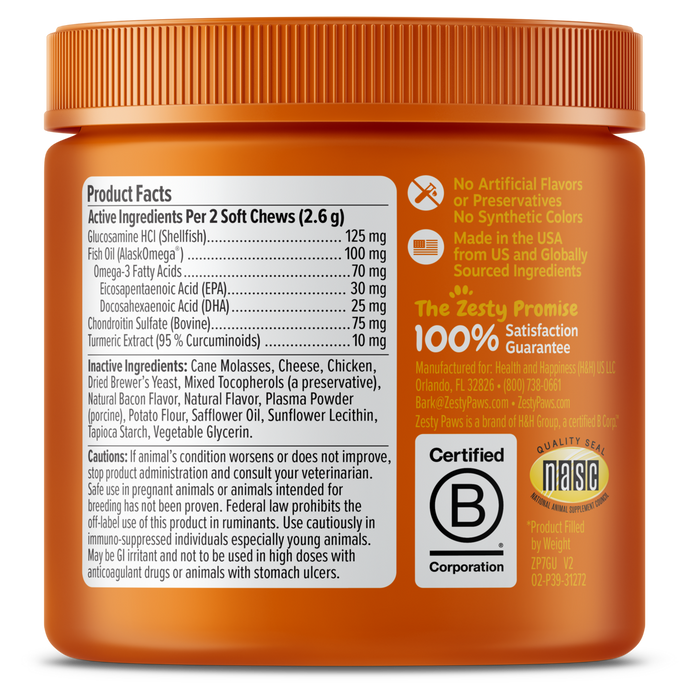 Orange jar of cat hip and joint supplement soft chews with product facts label and certification badges.
