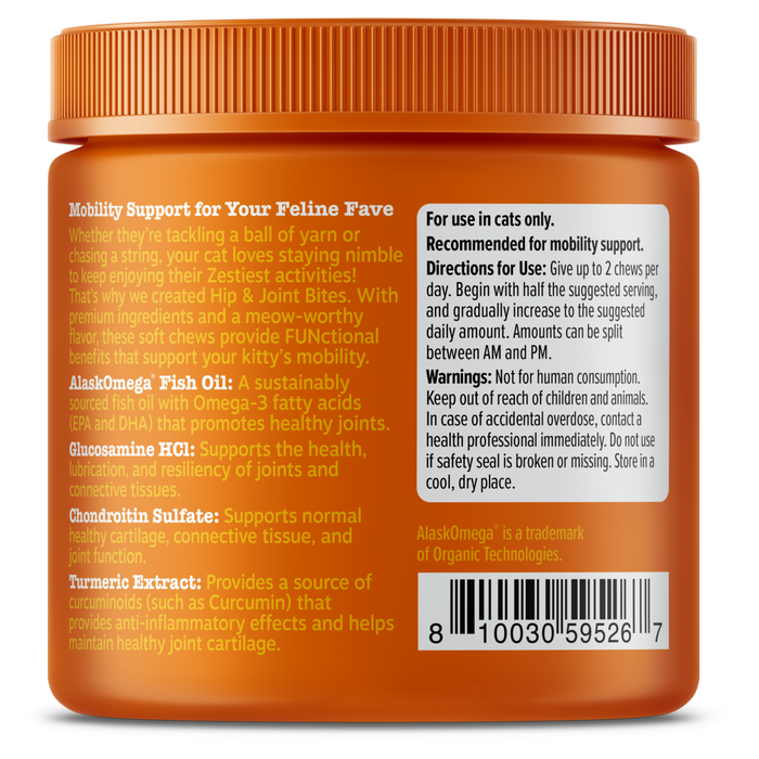 Orange jar with ridged cap containing cat hip and joint supplement bites, with ingredient and usage information on label.