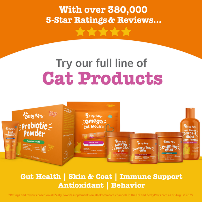 Orange packaging and jars of cat supplements including probiotic powder, omega mousse, and various bite supplements displayed