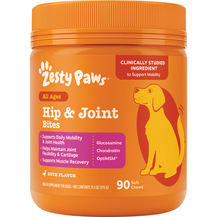 Orange bottle of Zesty Paws Hip & Joint Bites dog supplement with orange cap and yellow dog illustration on label.