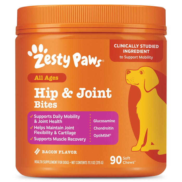 Orange jar of Zesty Paws Hip & Joint Bites dog supplement with yellow dog illustration and purple ingredient list panel.