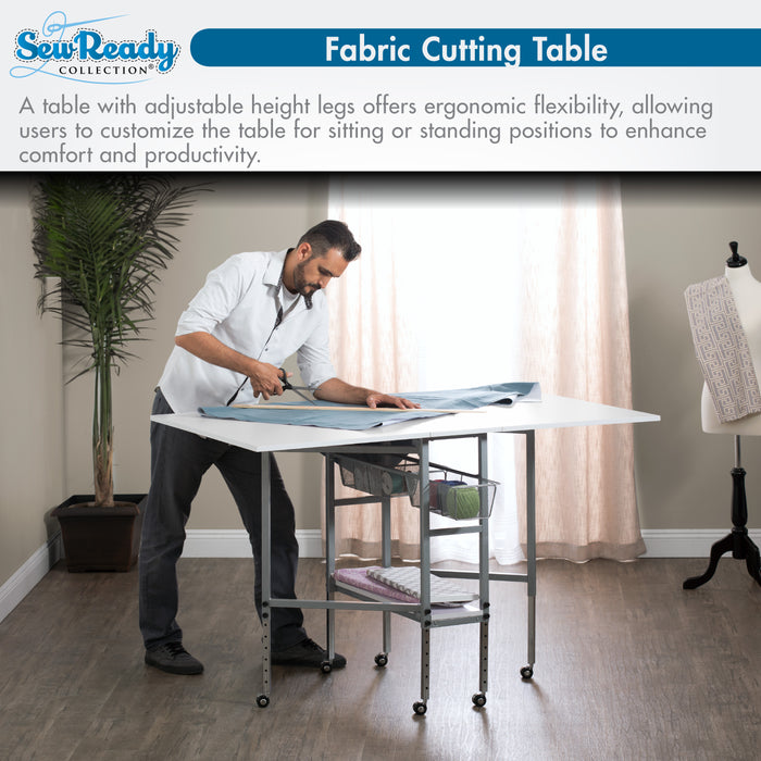 Hobby Fabric Cutting Table, Mobile, Folding, Height Adjustable with Storage, Silver / White 13374