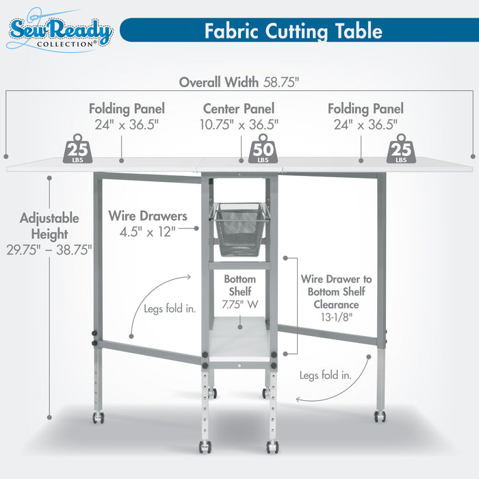 Hobby Fabric Cutting Table, Mobile, Folding, Height Adjustable with Storage, Silver / White 13374