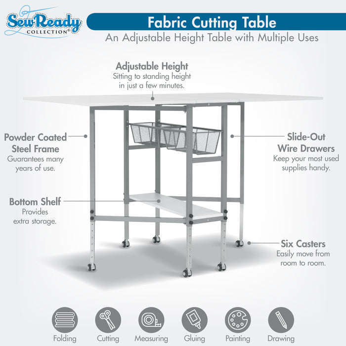 Hobby Fabric Cutting Table, Mobile, Folding, Height Adjustable with Storage, Silver / White 13374