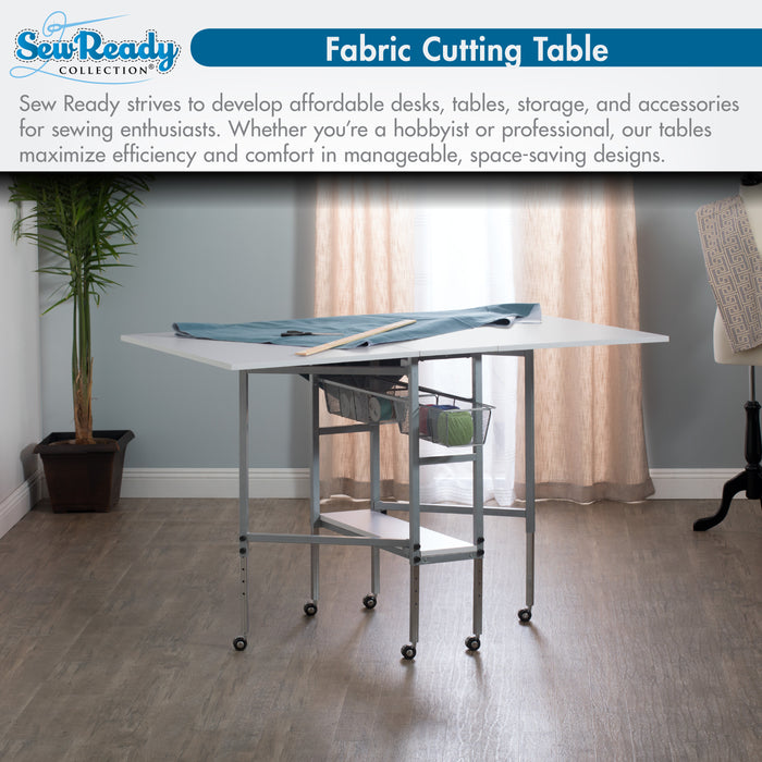Hobby Fabric Cutting Table, Mobile, Folding, Height Adjustable with Storage, Silver / White 13374