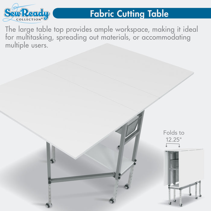 Hobby Fabric Cutting Table, Mobile, Folding, Height Adjustable with Storage, Silver / White 13374
