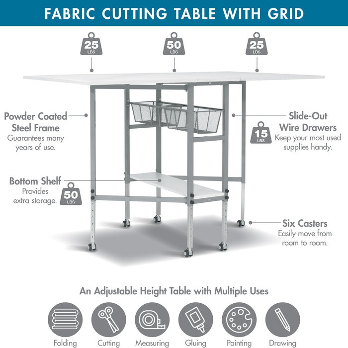Hobby Fabric Cutting Table with Grid & Guides, Mobile, Folding, Height Adjustable with Storage - 13386