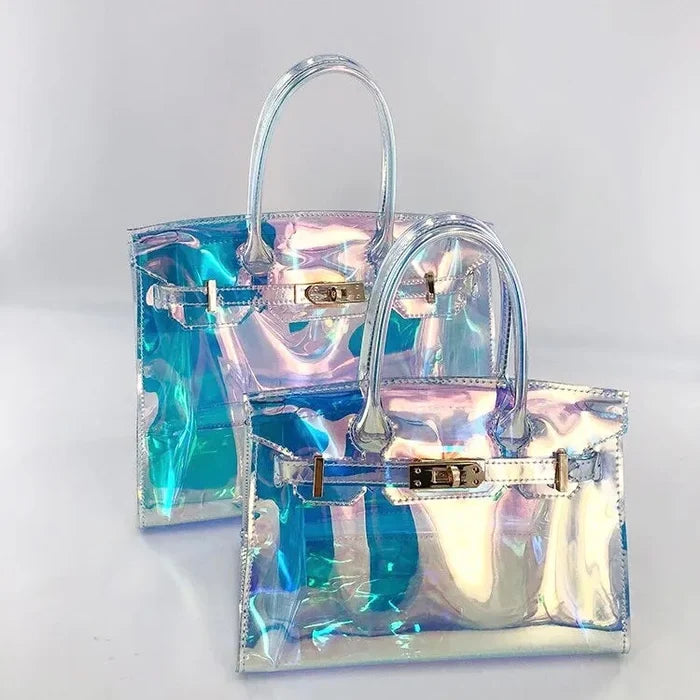 Travellers Hat Boutique holographic clear tote bag with iridescent finish and metallic handles