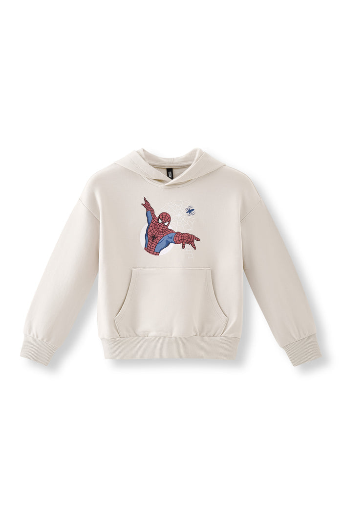 Spider-Man print in the center of an Oat Hoodie on a white background