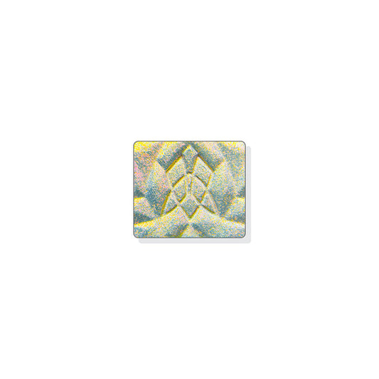 A single multichrome eyeshadow in colour Incandescence on a white background. Has a translucent white base that shifts bright red-orange-yellow-lime