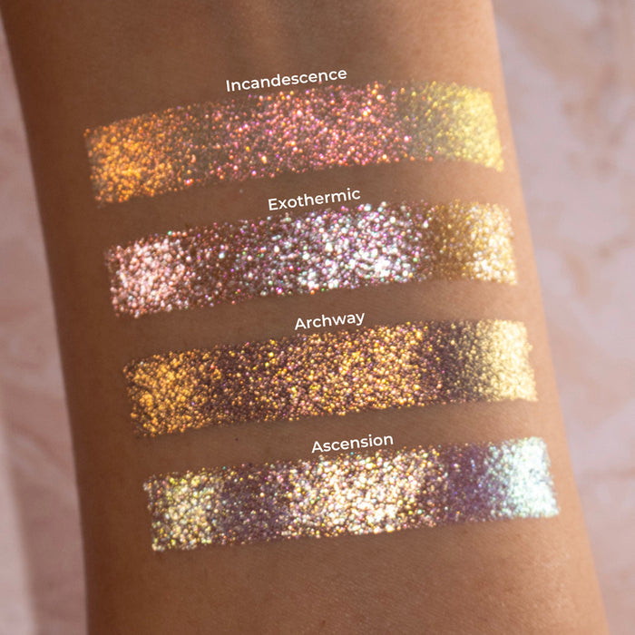 Arm swatches of Incandescence, Exothermic, Archway and Ascension on medium skin tone, with a light background.