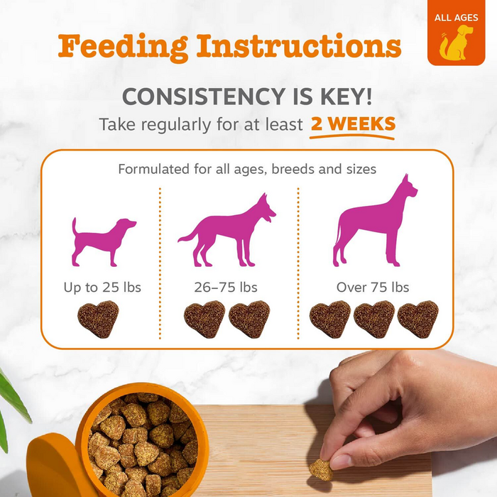 Feeding instructions for dog treats showing dosage by weight with silhouettes of small, medium, and large dogs and heart-shap