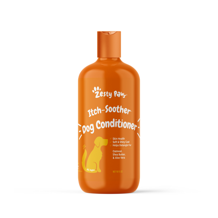 Orange bottle of Zesty Paw Itch-Soother Dog Conditioner with yellow dog silhouette and product details on label.