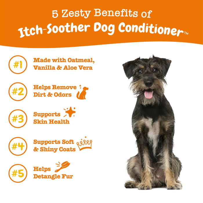 Black and tan terrier sitting, facing forward with mouth open, next to orange text listing product benefits.