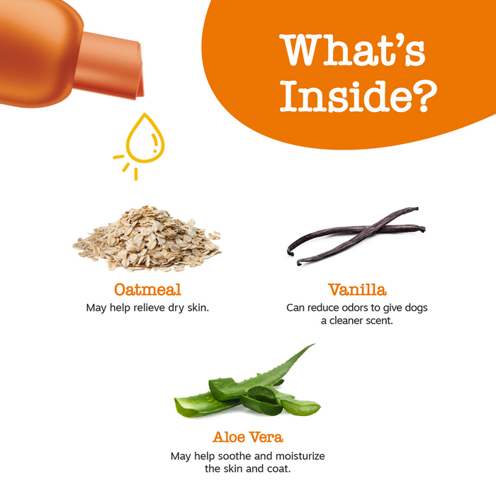 Bottle of dog conditioner with ingredient callouts showing oatmeal, vanilla, and aloe vera.