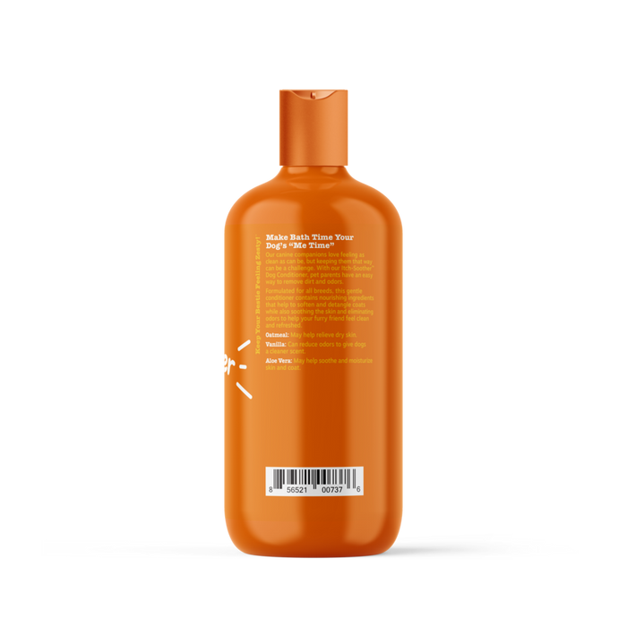 Orange plastic bottle of dog conditioner with orange cap and white text label on back.