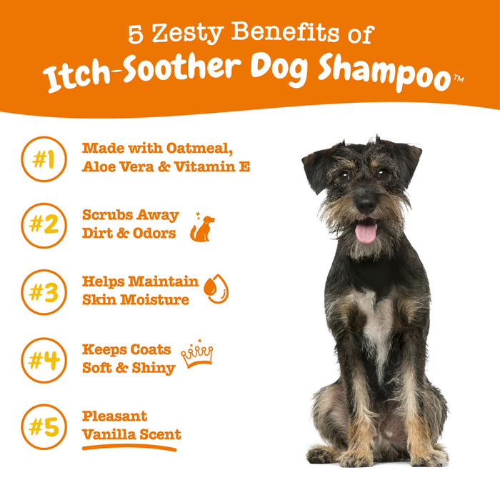 Black and tan terrier sitting against orange and white background with product benefits listed on left side.