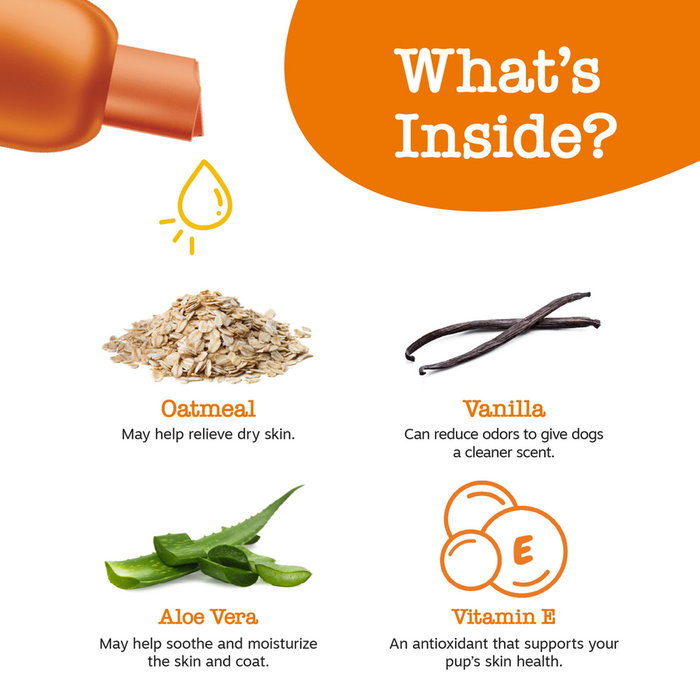 Orange bottle with oatmeal, vanilla, aloe vera, and vitamin E ingredients displayed with descriptive labels.