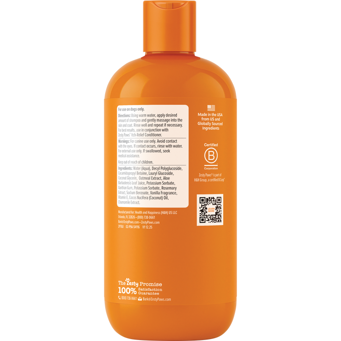 Orange bottle of dog shampoo with cap, ingredient list, and B Corporation certification label on back.