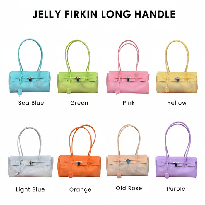Jelly Firkin long handle handbags in various colors on a white background