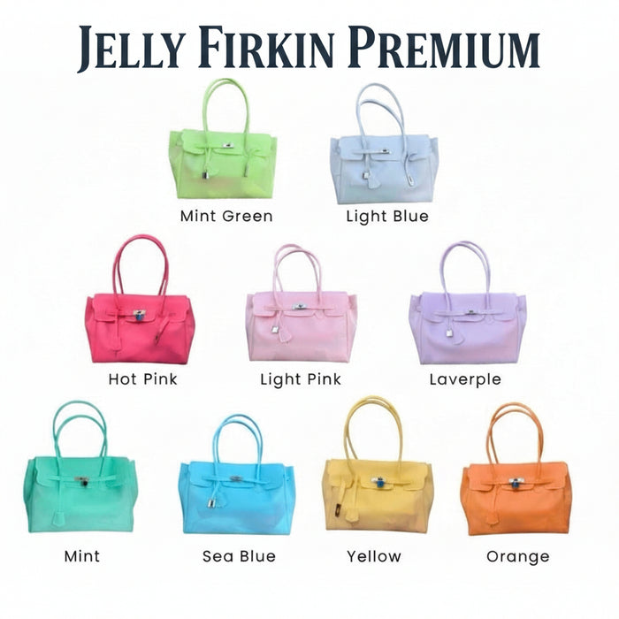 Jelly Firkin Premium handbags in various colors on a white background