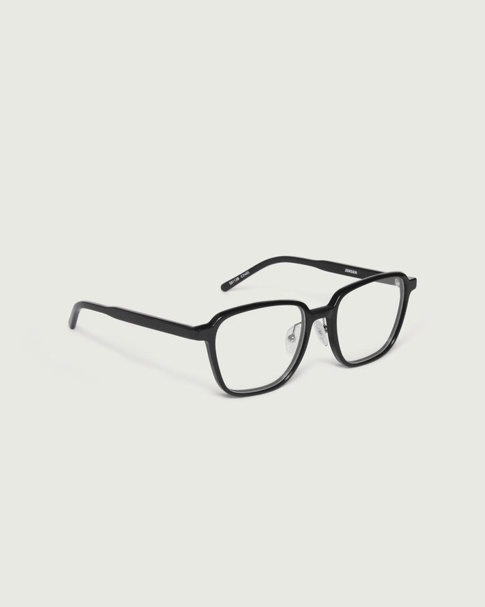 Charcoal:::Jensen Eyeglasses square black plastic front diagonal