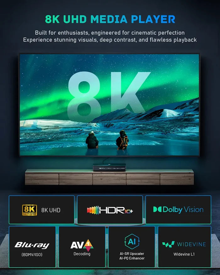 8K UHD media player with a screen displaying an 8K image of two people watching the Northern Lights.