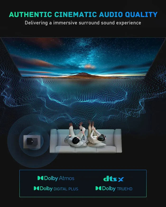 Advertisement for cinematic audio quality with people on a couch watching a large screen displaying a scenic view.