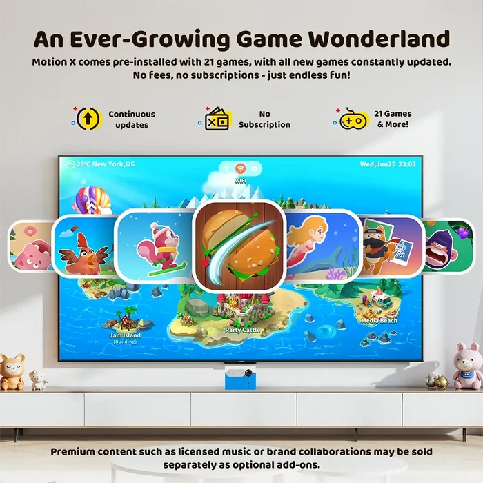 Television screen displaying a game interface with various game icons and promotional text about a game platform.