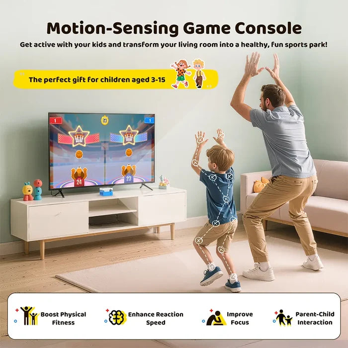 Father and son playing a motion-sensing game console in a living room.