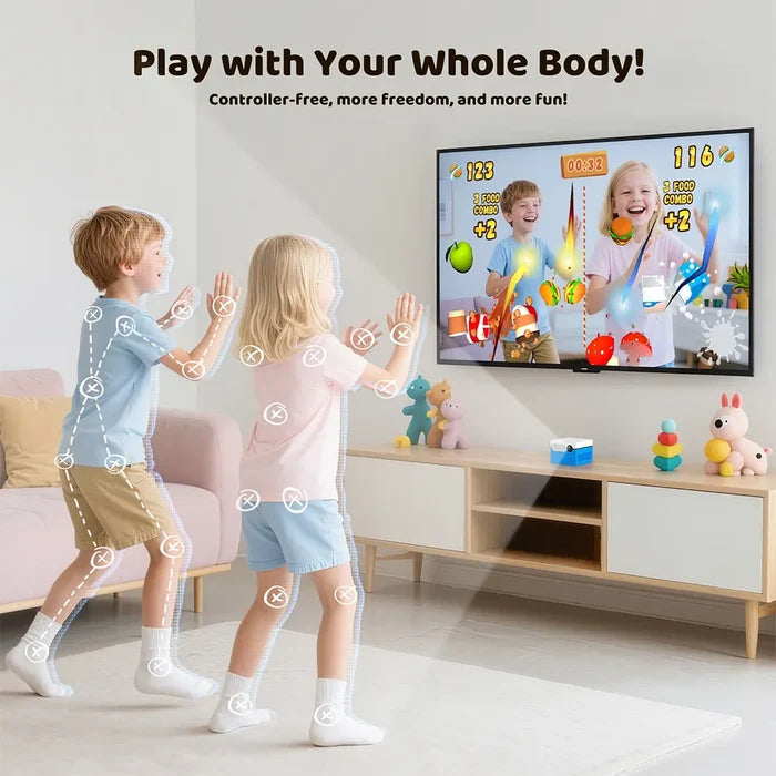 Two children playing a video game on a TV screen with controller-free feature.