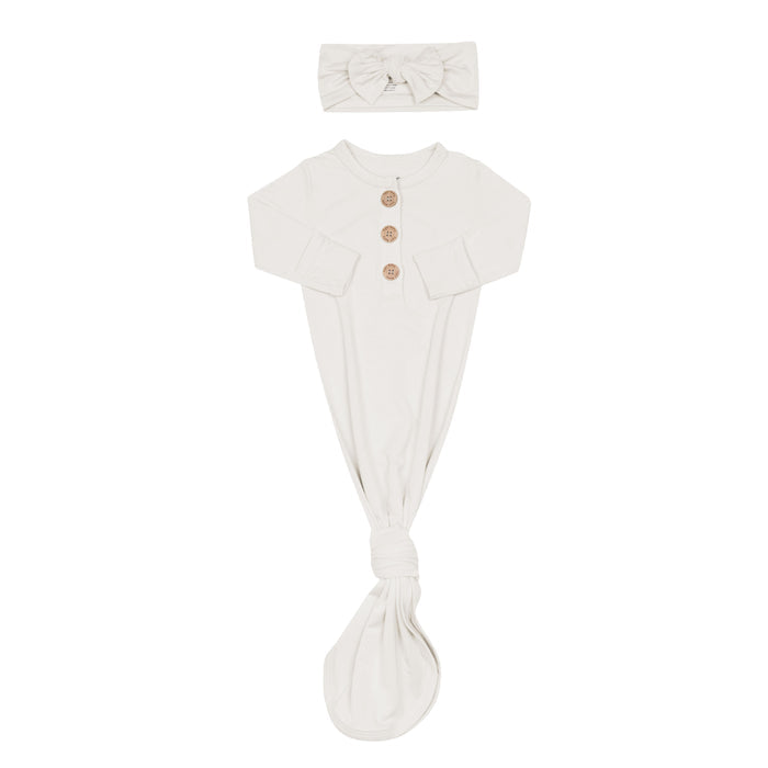Knotted Gown with Bow Set in Oat  showing foldable mittens for hospital newborn outfit