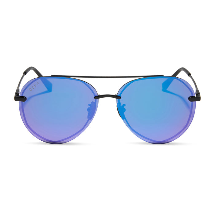 Lenox sunglasses with matte black frames and purple mirror lens front view