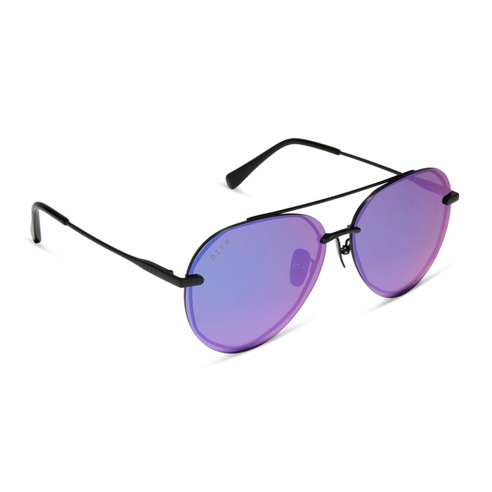 Lenox sunglasses with matte black frames and purple mirror lens angle view