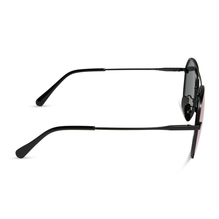 Lenox sunglasses with matte black frames and purple mirror lens side shot